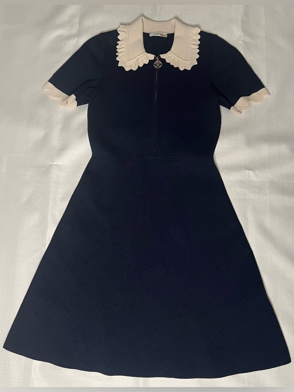 Sandro Navy Pointelle Knit A-Line Dress Scalloped Collar Parisian Preppy Chic